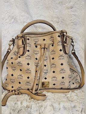 MCM Beige Visetos Drawstring Bucket Shoulder Bag